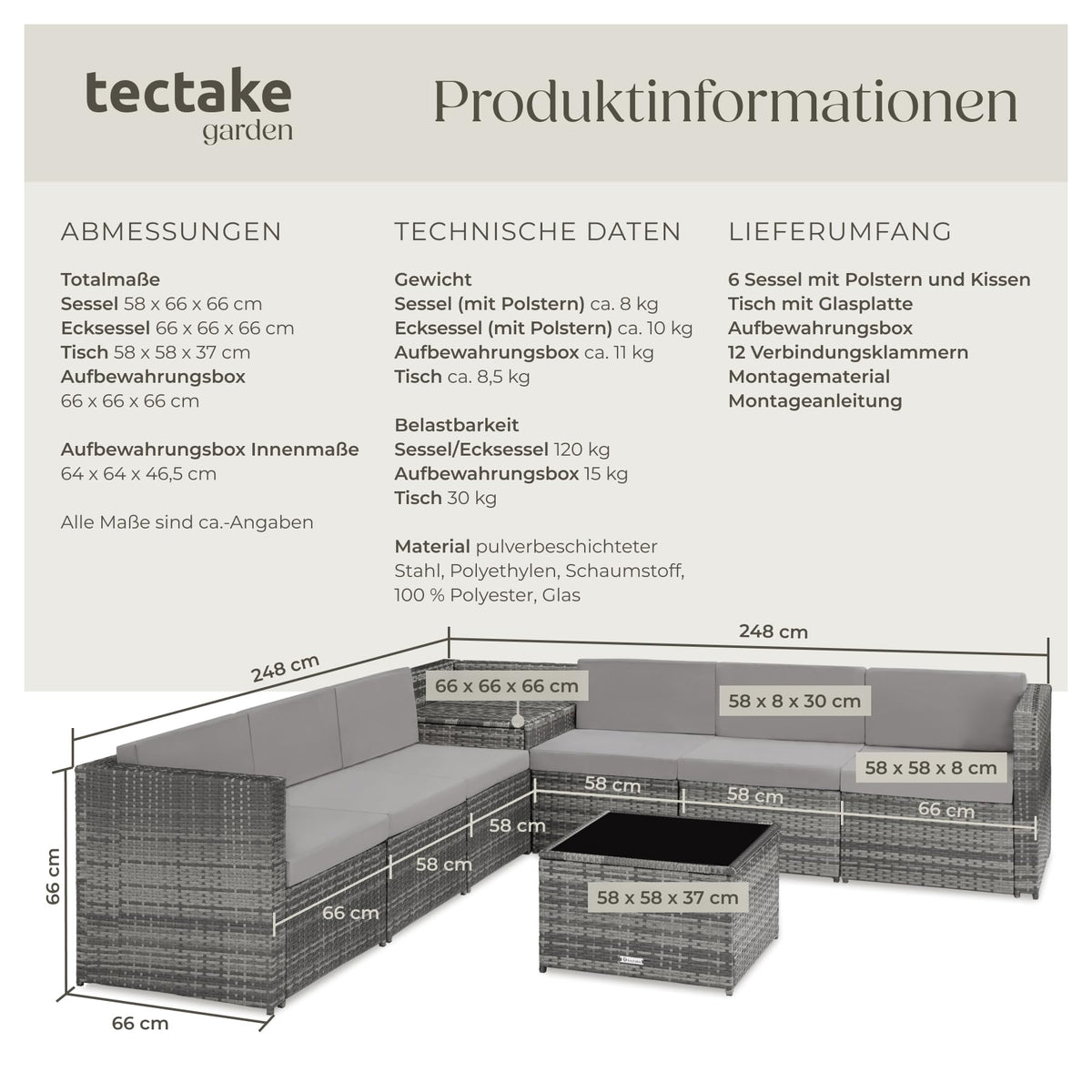tectake Polyrattan Gartenlounge, frei zu gruppierende Balkon Möbel, Gartenmöbel Set mit einem Beistelltisch Outdoor, inkl. Auflagenbox und Sitz- und Rückenkissen - grau