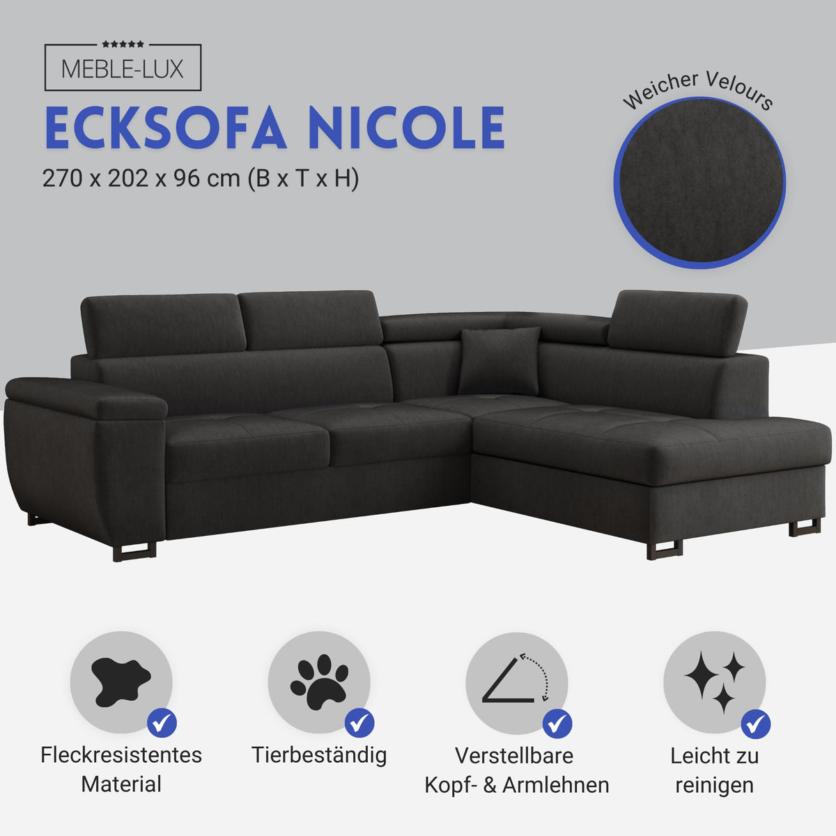 MEBLE-LUX - Ecksofa mit Schlaffunktion und Bettkasten Nicole 270x202x96cm (BxTxH) I Sofa L Form mit Verstellbare Kopfstützen I Eckcouch mit Schlaffunktion I Federkern I Sofa Grau Links