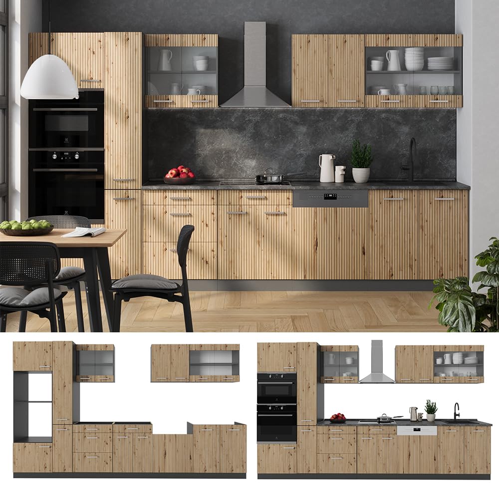 Vicco R-Line Fitted Kitchen Cabinets Anthracite Kitchen Furniture (Anthracite / White High Gloss, MUS 350 cm)