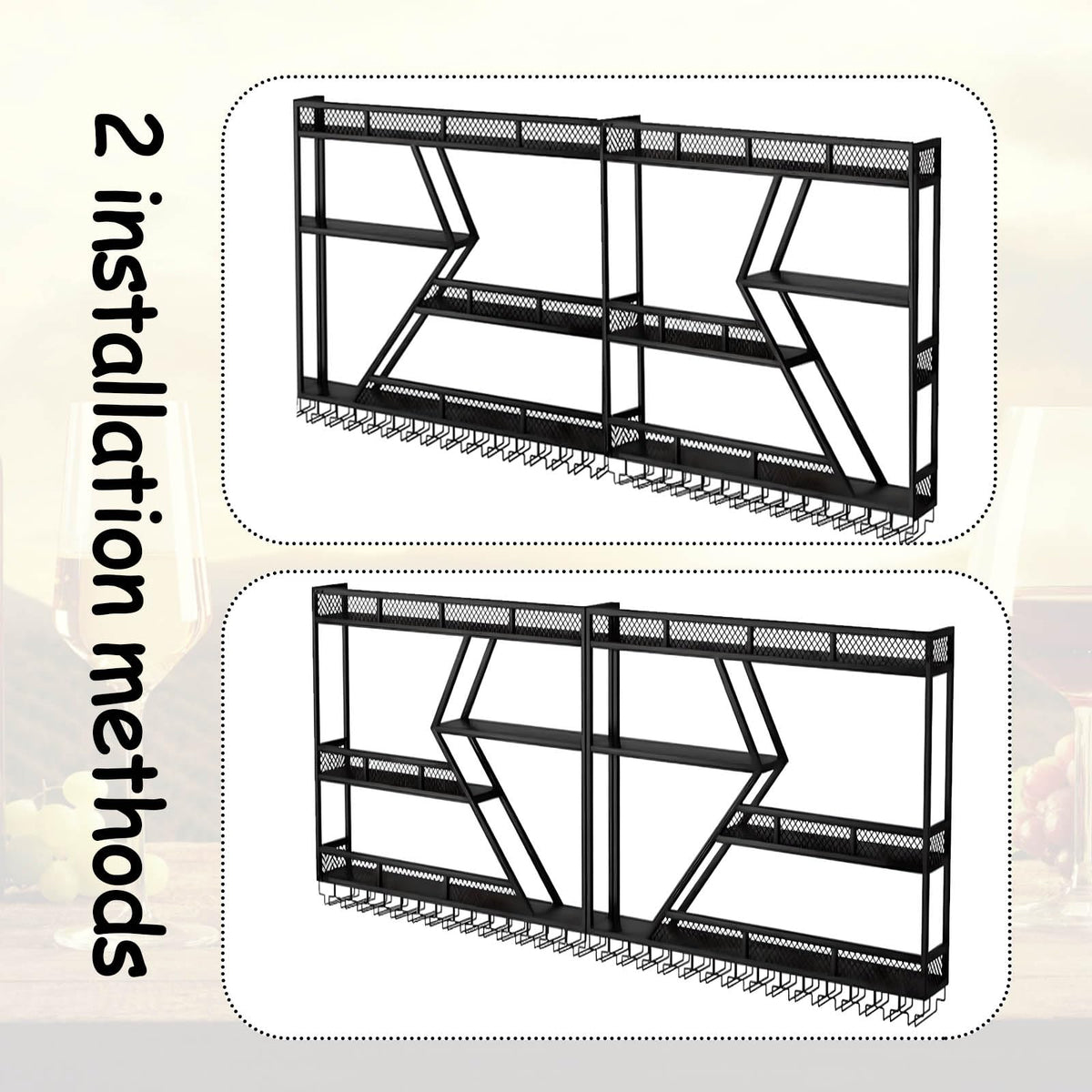 Weinregal aus Metall, großer Weinflaschenhalter aus Wandmontage mit 3 Ebenen, modernes, schwebendes Barregal in Rautenform,für die Dekoration von Restaurants und Bars zu Hause (schwarz, 200cm)