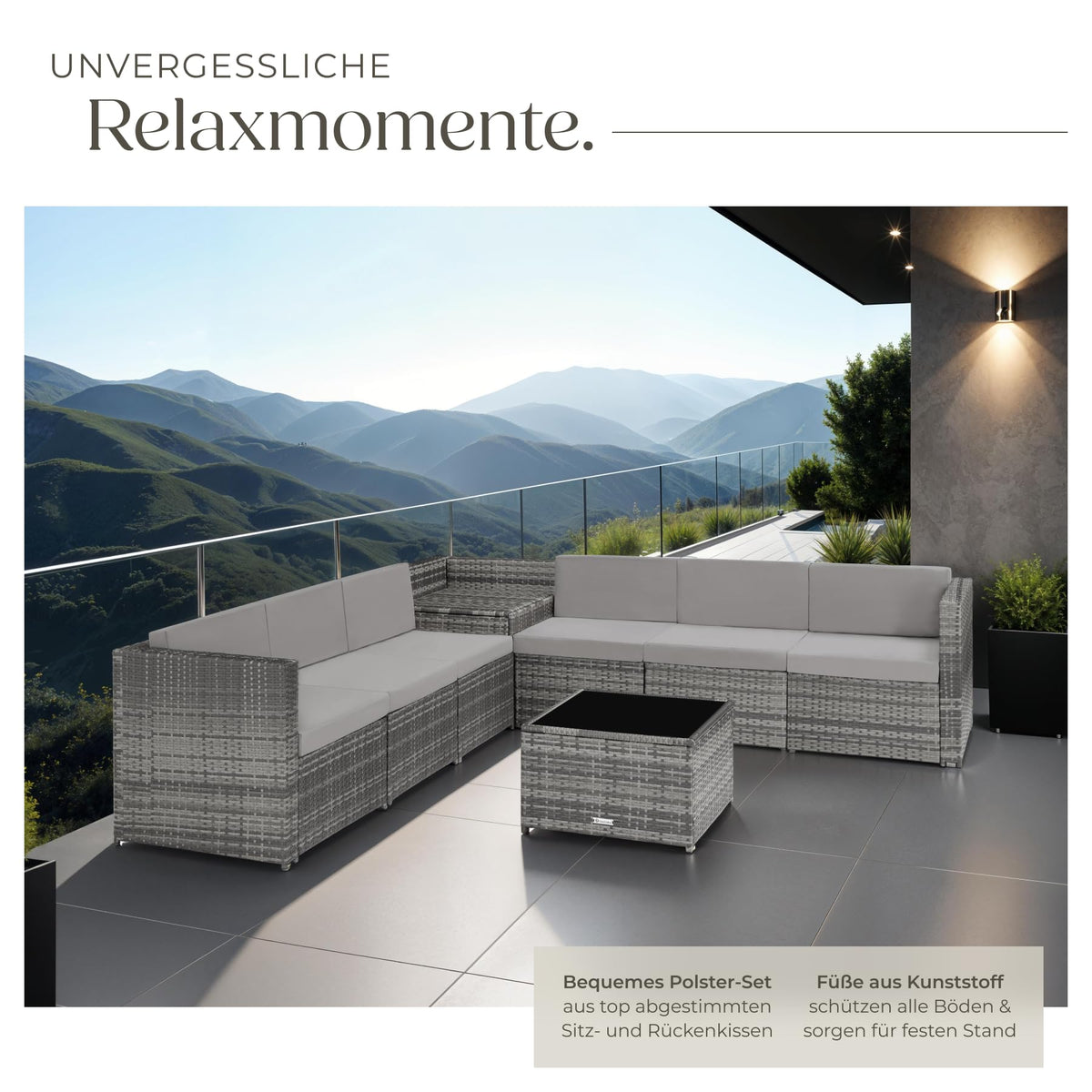 tectake Polyrattan Gartenlounge, frei zu gruppierende Balkon Möbel, Gartenmöbel Set mit einem Beistelltisch Outdoor, inkl. Auflagenbox und Sitz- und Rückenkissen - grau