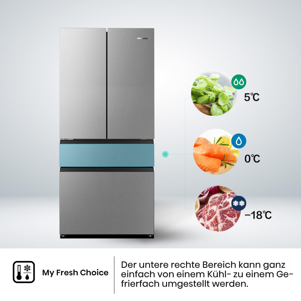 Hisense RF632N4WIE French Door Kühl-Gefrierkombination/ NoFrostPlus/ Inverter-Kompressor/ Wasserspender/ CrispZone/ 200 cm/ Kühlteil 336 l/ Gefrierteil 149 l/ 38 dB/ 295 kWh/ Jahr/ Inox-Look