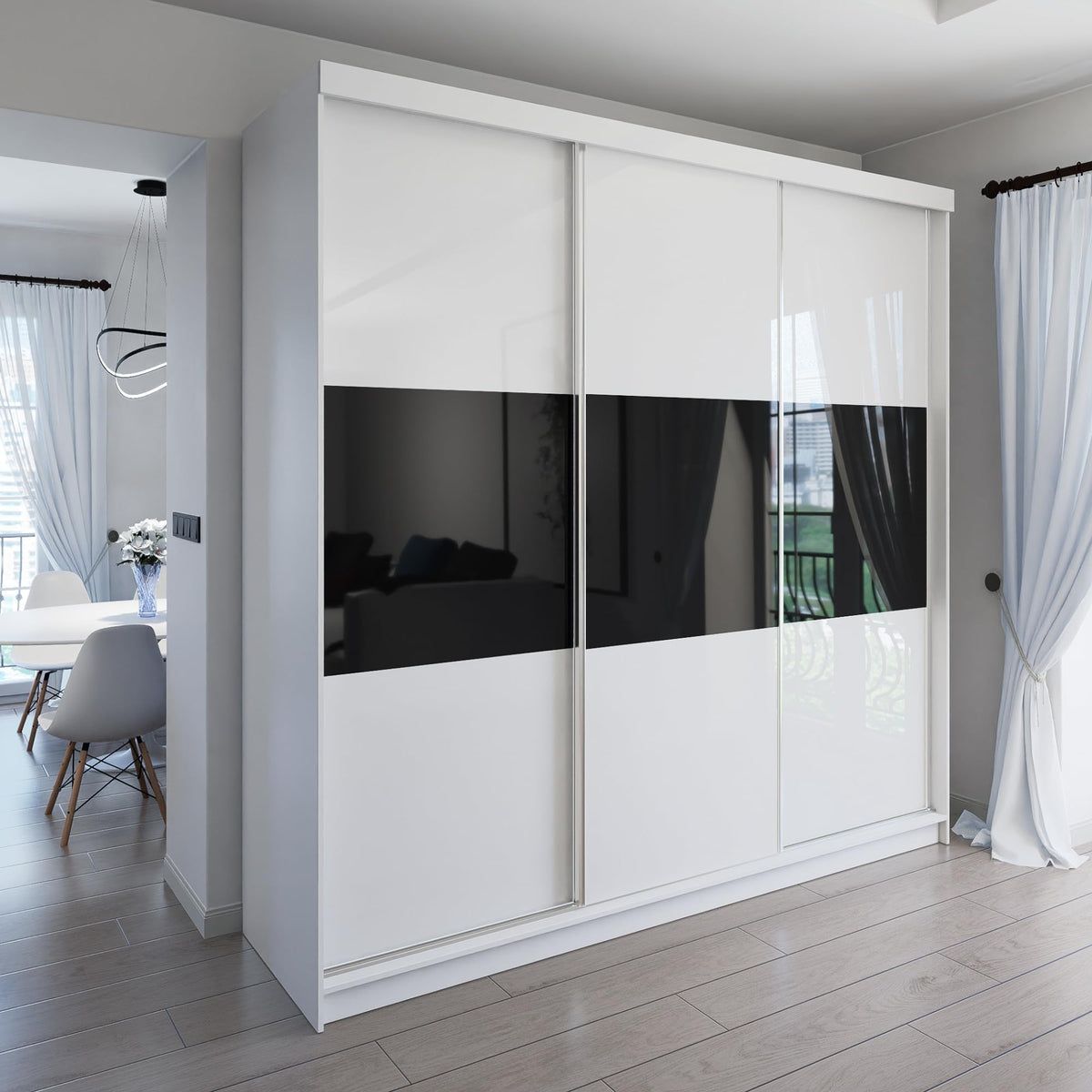 Marlux-Meble Two-Door Wardrobe 230 cm Wide with Floating and Sliding Doors Corner Wardrobe Bedroom Cabinet Hallway Cabinet System Cabinet High Gloss Cabinet
