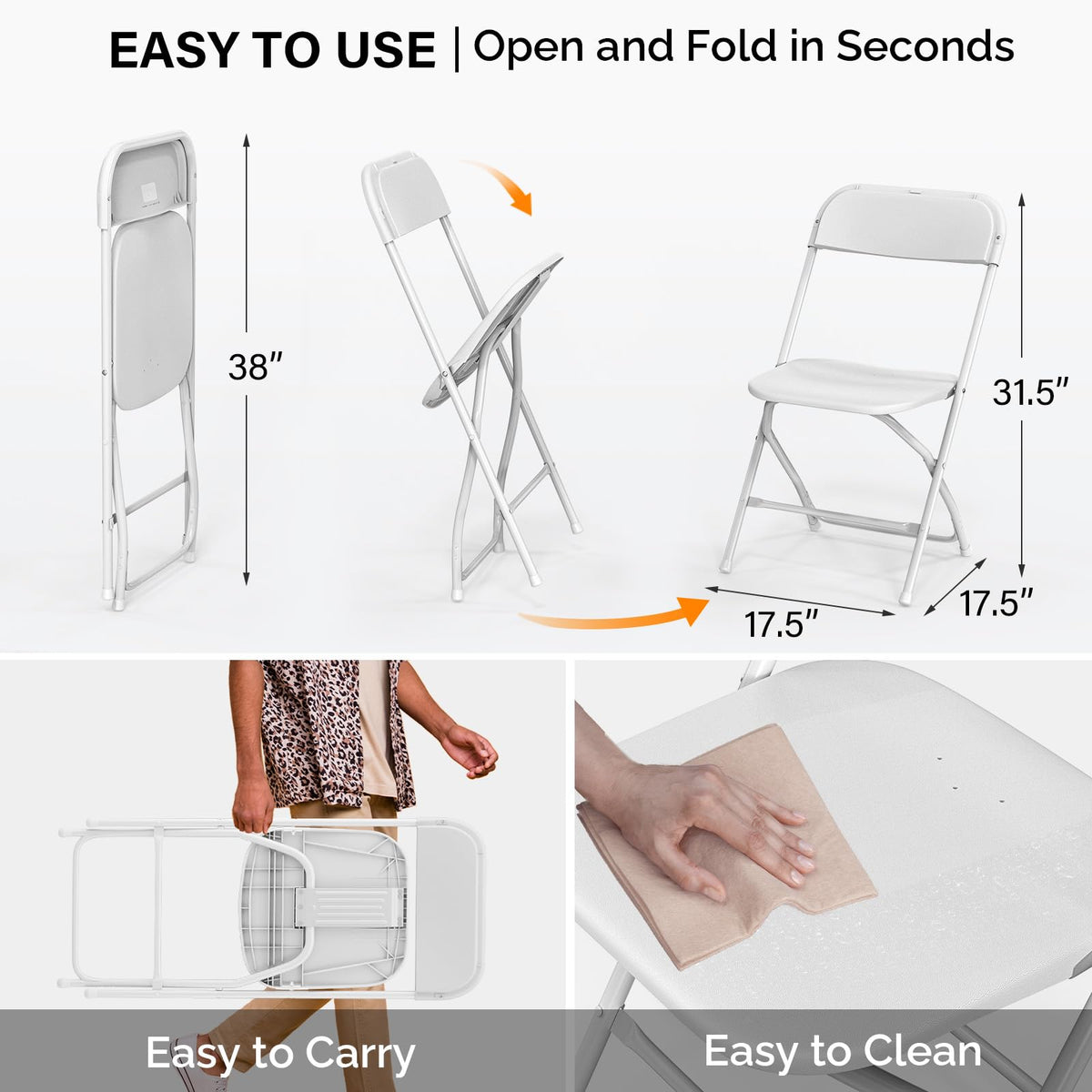VINGLI 6 Pack White Plastic Folding Chair, Indoor Outdoor Portable Stackable Commercial Seat with Steel Frame 350lb. Capacity for Events Office Wedding Party Picnic Kitchen Dining