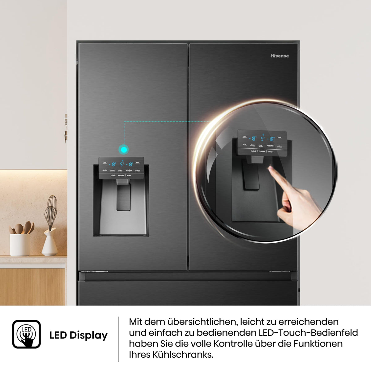 Hisense RF632N4WIE French Door Kühl-Gefrierkombination/ NoFrostPlus/ Inverter-Kompressor/ Wasserspender/ CrispZone/ 200 cm/ Kühlteil 336 l/ Gefrierteil 149 l/ 38 dB/ 295 kWh/ Jahr/ Inox-Look
