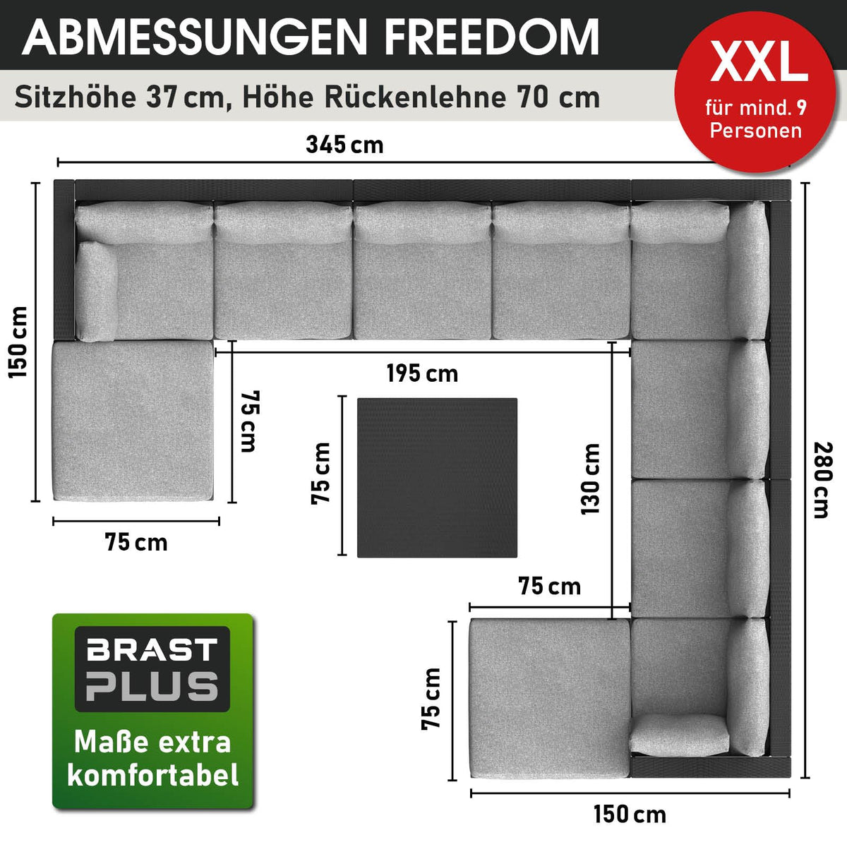 BRAST® Gartenmöbel Lounge Set XXL | 8-12 Personen viele Modelle & Farben | inkl. extra Dicke Kissen | TÜV geprüft | Outdoor Loungemöbel Sitzgruppe Essgruppe Garnitur | Dreams Grau