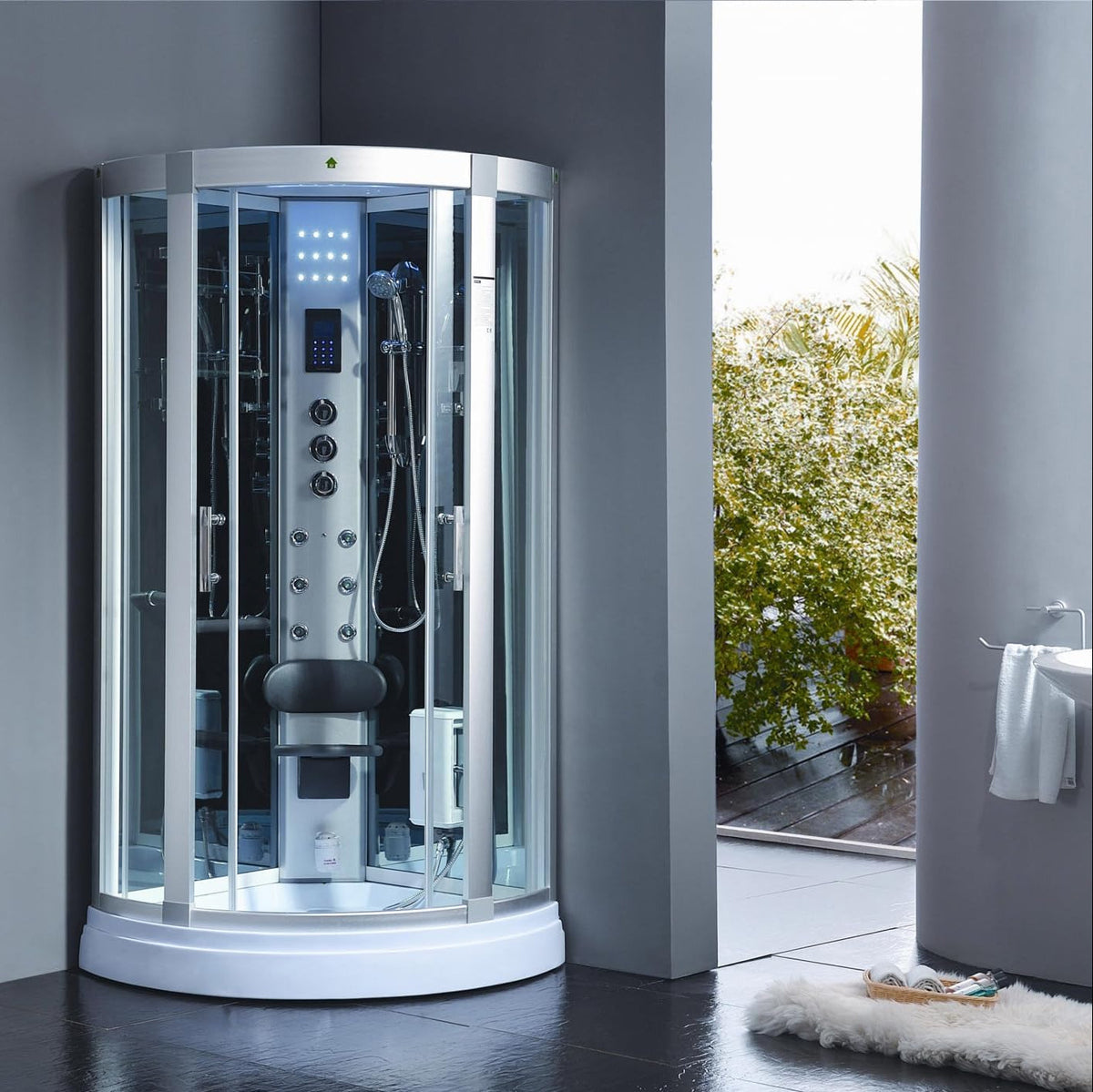 PureHaven Steam Shower 90 x 90 cm for 2 People with Tropical Shower LED Radio Massage Function Seat Rain Fall Shower Starry Sky Ozone Disinfection