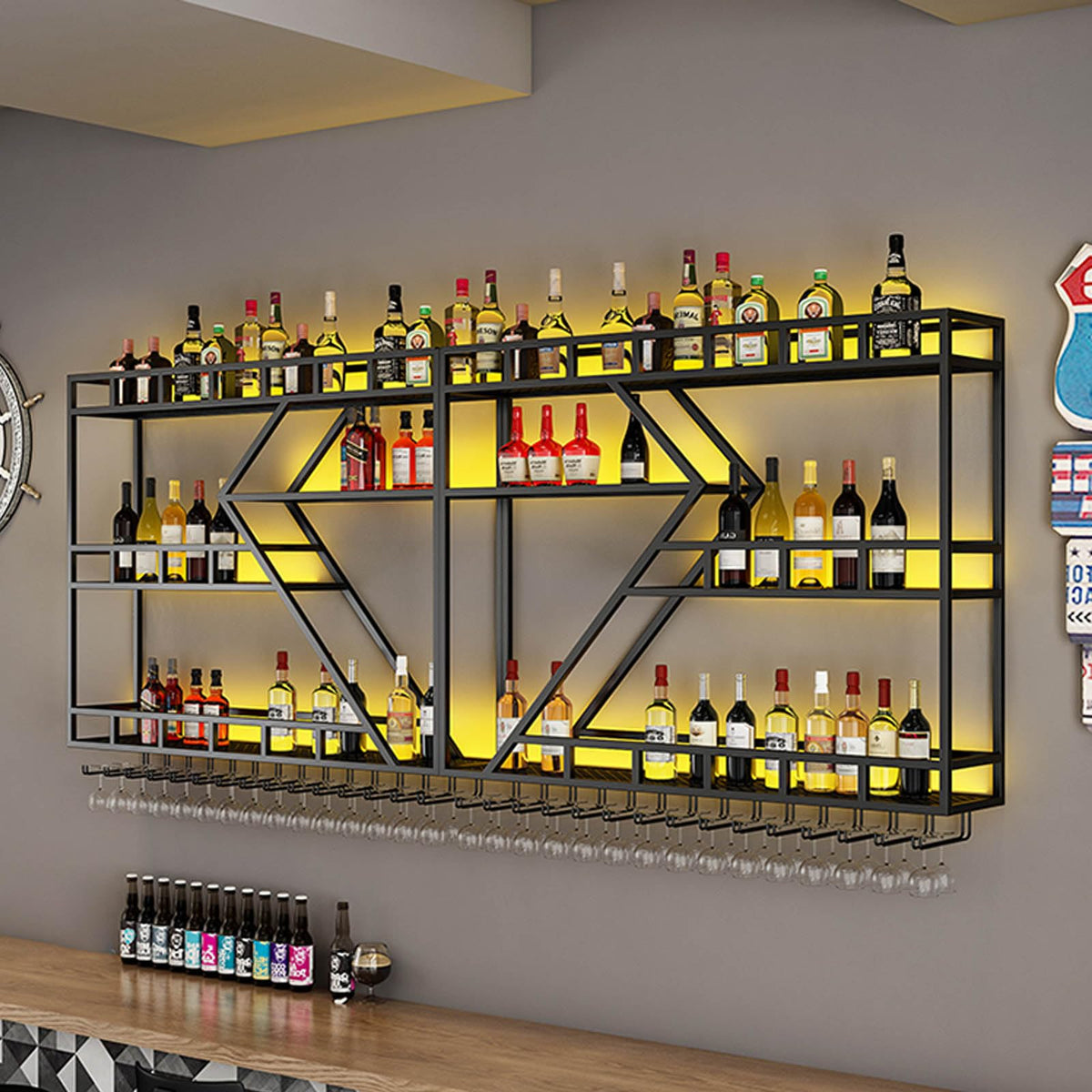 Weinregal aus Metall, großer Weinflaschenhalter aus Wandmontage mit 3 Ebenen, modernes, schwebendes Barregal in Rautenform,für die Dekoration von Restaurants und Bars zu Hause (schwarz, 200cm)