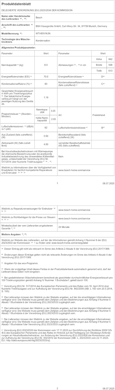 Bosch WTH85VWJN, Serie 4, Wärmepumpentrockner, 8 kg, AutoDry, Quick-40-Trocknen, Nachlegefunktion, Sensitive-Drying-System, Anti Vibration Design, 63 dB, LED-Display, Touch-Control, Zeitvorwahl