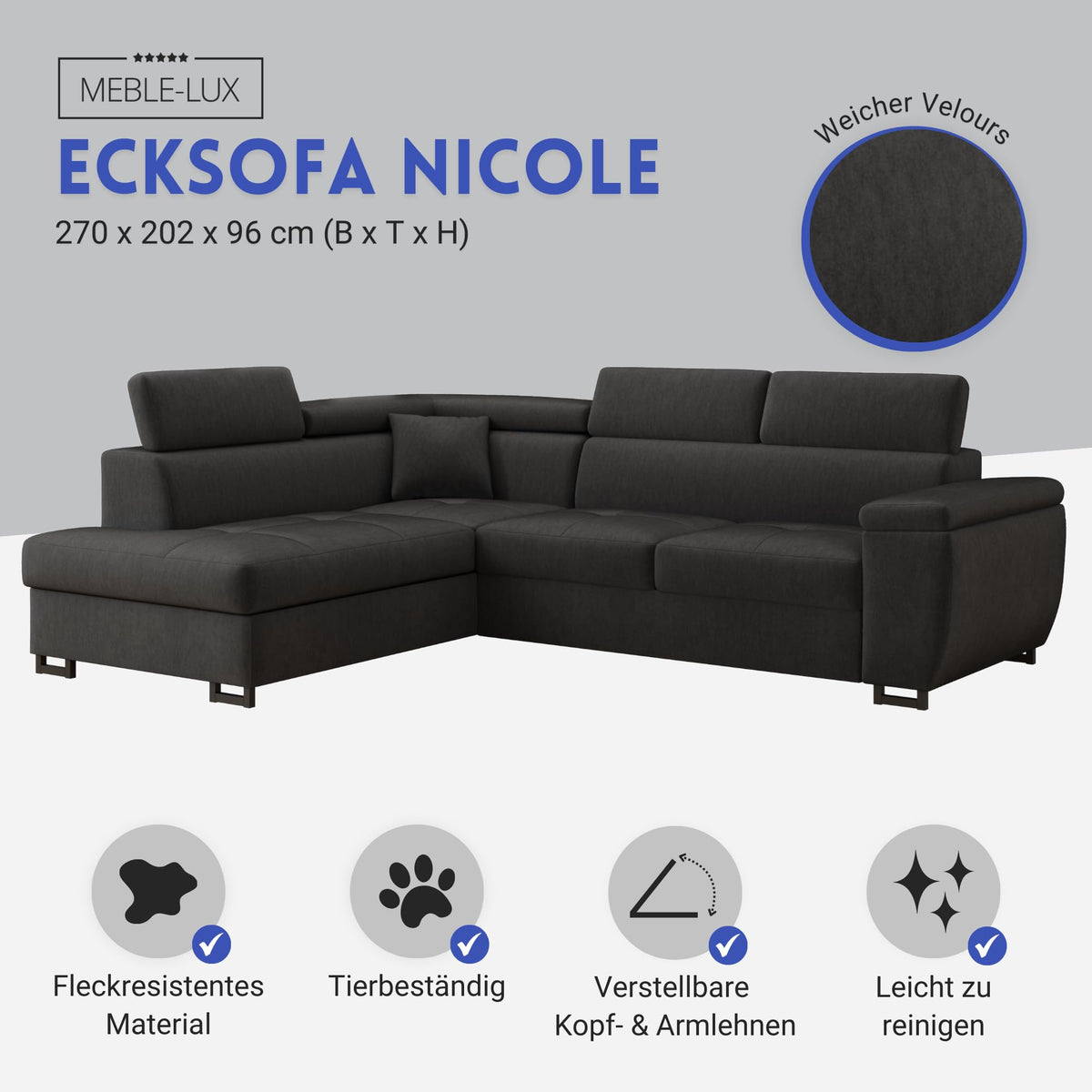 MEBLE-LUX - Ecksofa mit Schlaffunktion und Bettkasten Nicole 270x202x96cm (BxTxH) I Sofa L Form mit Verstellbare Kopfstützen I Eckcouch mit Schlaffunktion I Federkern I Sofa Grau Links