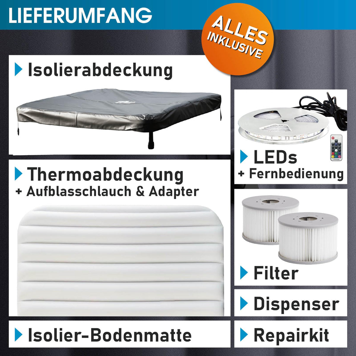 BRAST Whirlpool MSpa Oslo & Oslo Plus XXL mit Fester Außenwand | 160x160x65cm - 180x180x65cm | LED-Beleuchtung 20 Farben | 6 Personen | 120-140 Massagedüsen | Ganzjähriger Einsatz Winterfest