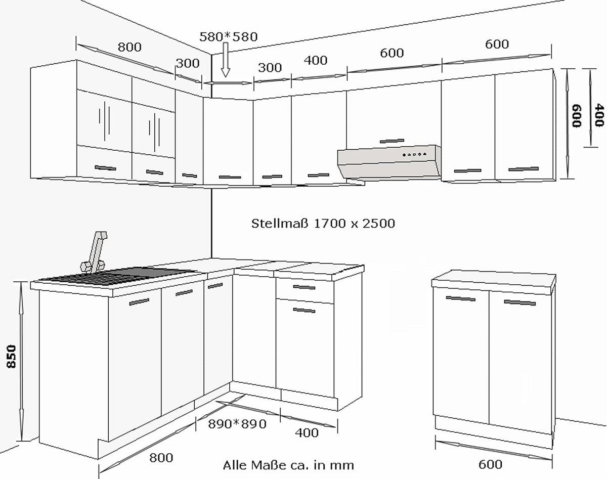 Omega Corner Kitchen Unit, 170 x 250 cm, Black / White