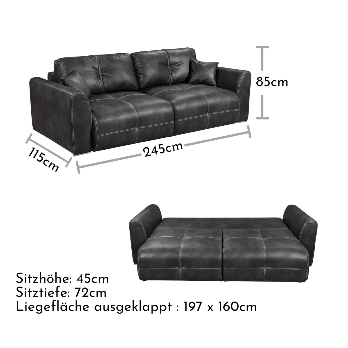 Dolan Comfortable Sofa Bed in Leather Look with Bed Box, Light Brown, Extendable Sofa with Sleep Function, 245 x 85 x 115 cm (W x H x D)