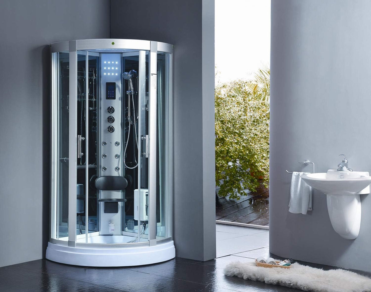 PureHaven Steam Shower 90 x 90 cm for 2 People with Tropical Shower LED Radio Massage Function Seat Rain Fall Shower Starry Sky Ozone Disinfection