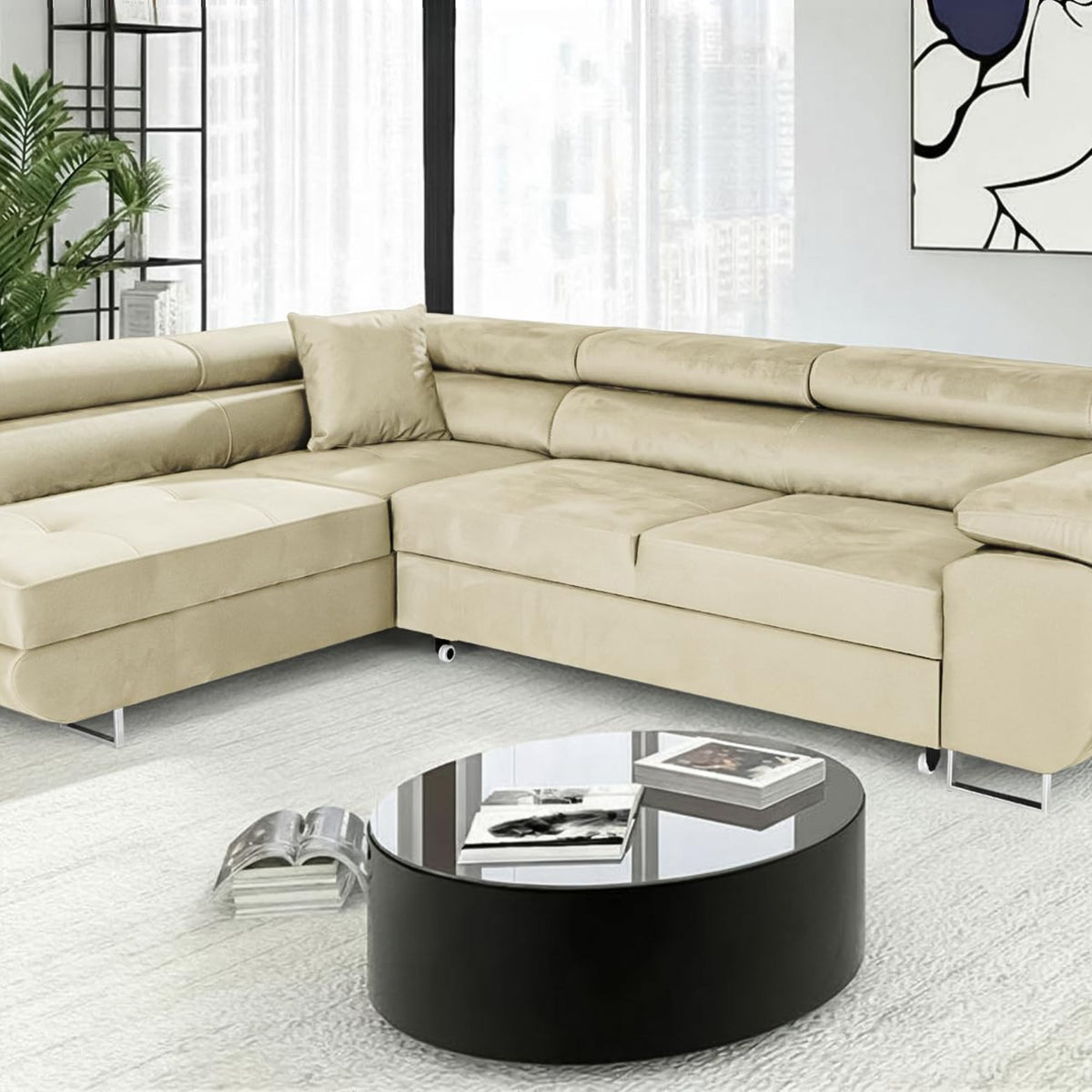 Pasti L-Shaped Corner Sofa with Sleep Function, Sofa Couch with Bed Box, 3-Seater Corner Sofa, Sofa Bed for Living Room, Big Sofa Couch with Sleep Function (Light Grey, Ottoman