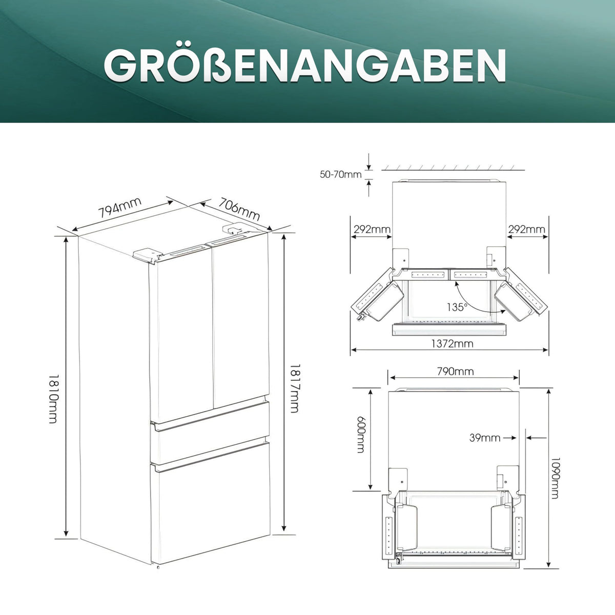 Hisense RF632N4WIE French Door Kühl-Gefrierkombination/ NoFrostPlus/ Inverter-Kompressor/ Wasserspender/ CrispZone/ 200 cm/ Kühlteil 336 l/ Gefrierteil 149 l/ 38 dB/ 295 kWh/ Jahr/ Inox-Look