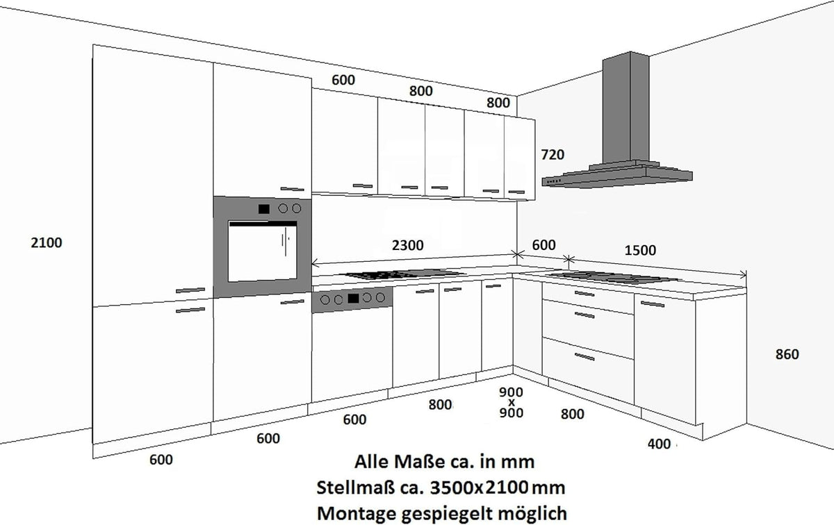 Stilo Landhausküche Weiß 350 x 210 cm, Einbau-Eckküche