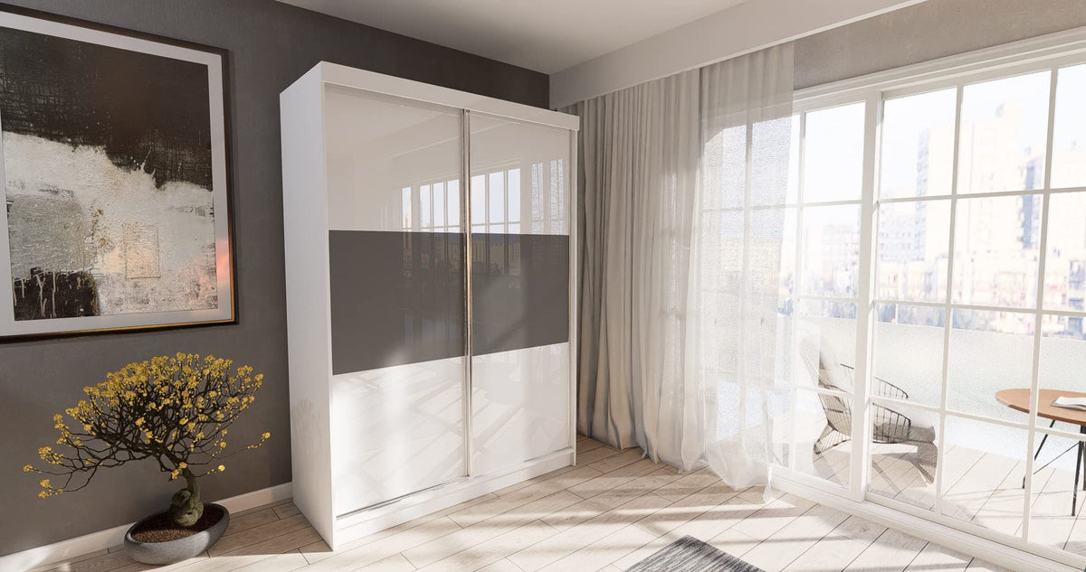 Marlux-Meble Two-Door Wardrobe 230 cm Wide with Floating and Sliding Doors Corner Wardrobe Bedroom Cabinet Hallway Cabinet System Cabinet High Gloss Cabinet