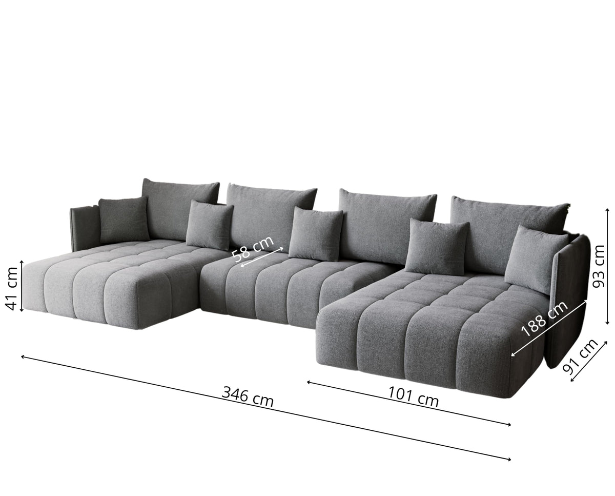 U-Shape Corner Sofa Gona U with Sleep Function - Large Sofa Bed 346 × 188 cm - Sofa with Bed Box - T30 Foam - Automatic Folding Function, Easily Extendable - Monolith 97 (Graphite)