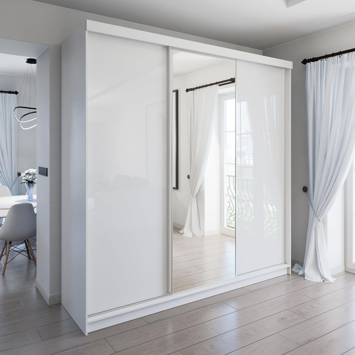 Marlux-Meble Two-Door Wardrobe 230 cm Wide with Floating and Sliding Doors Corner Wardrobe Bedroom Cabinet Hallway Cabinet System Cabinet High Gloss Cabinet