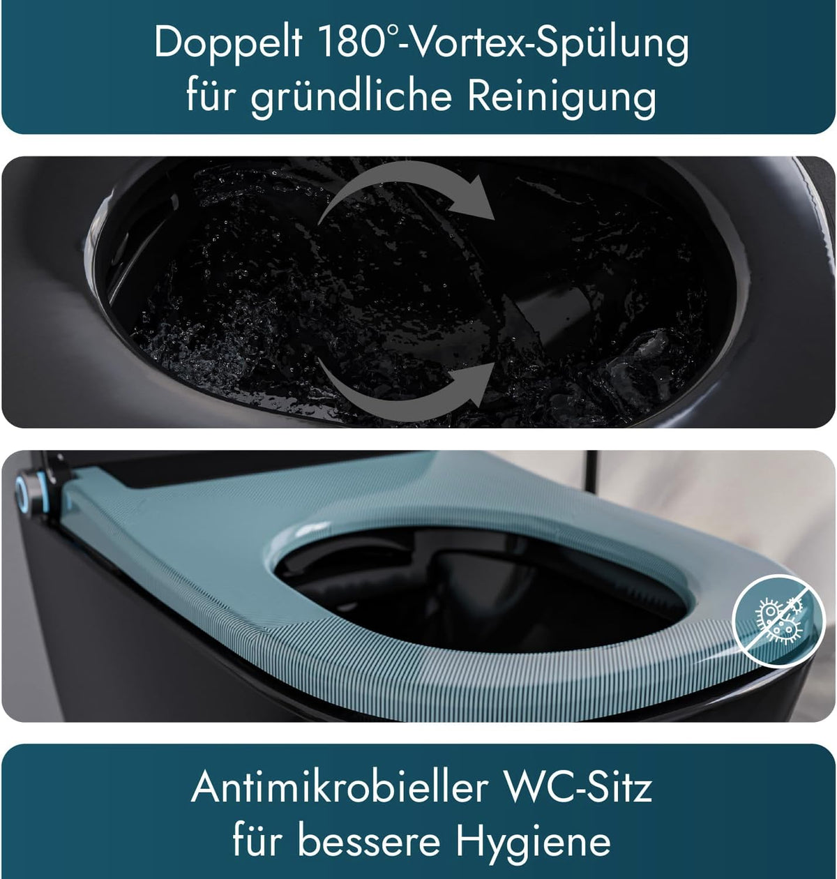 BERNSTEIN PRO+ 1104 Dusch-WC, Hochglanzschwarz – spülrandloses, eckiges Dusch-WC als Komplettanlage