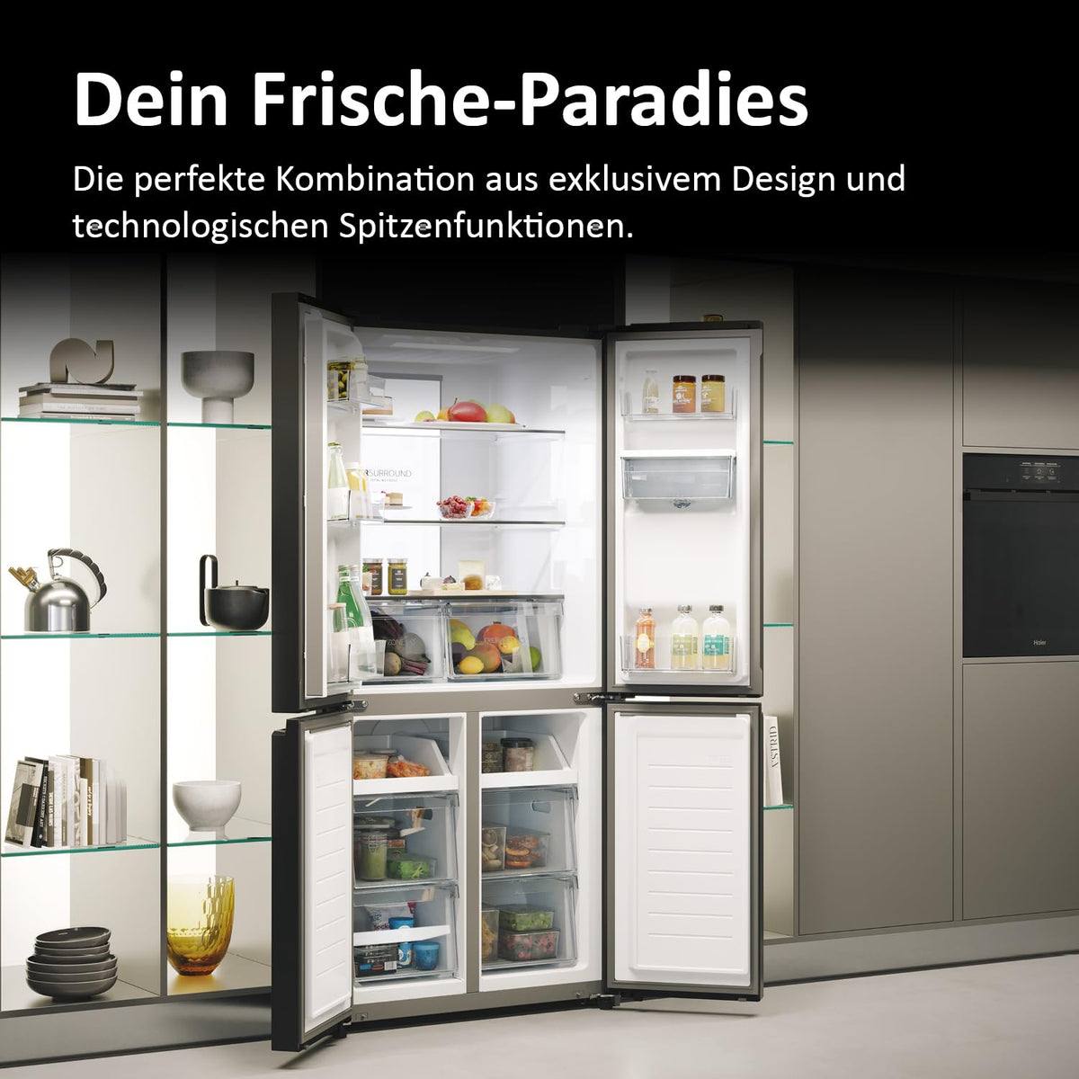 Haier Multi Door Kühl-Gefrierkombination I CUBE 83 SERIE 7 HCR7818DWPT I 4-türiger Kühlschrank mit Gefrierfach, XXL-Fassungsvermögen & 83cm Breite I 463L, Energieklasse D I Wasserspender & No Frost