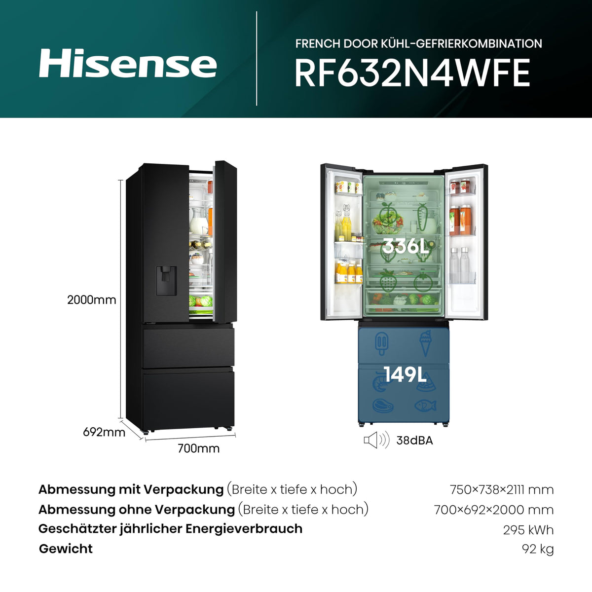 Hisense RF632N4WIE French Door Kühl-Gefrierkombination/ NoFrostPlus/ Inverter-Kompressor/ Wasserspender/ CrispZone/ 200 cm/ Kühlteil 336 l/ Gefrierteil 149 l/ 38 dB/ 295 kWh/ Jahr/ Inox-Look