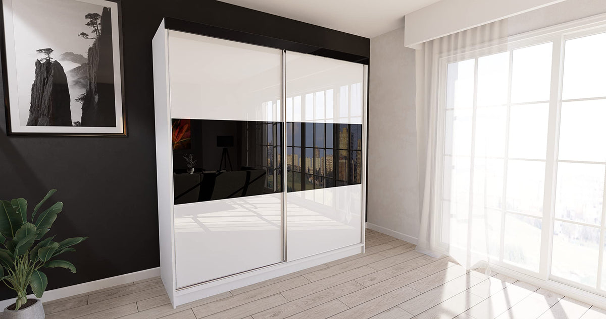 Marlux-Meble Two-Door Wardrobe 230 cm Wide with Floating and Sliding Doors Corner Wardrobe Bedroom Cabinet Hallway Cabinet System Cabinet High Gloss Cabinet
