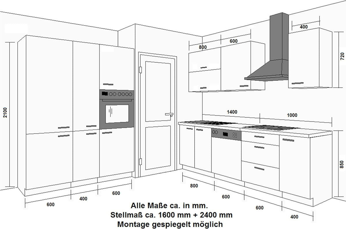 Vario I Built-in Kitchen, 240 + 160 cm, High Gloss White