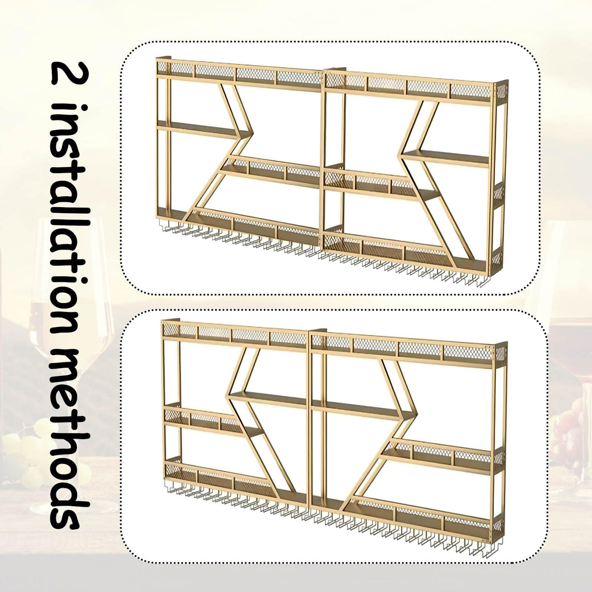 Weinregal aus Metall, großer Weinflaschenhalter aus Wandmontage mit 3 Ebenen, modernes, schwebendes Barregal in Rautenform,für die Dekoration von Restaurants und Bars zu Hause (schwarz, 200cm)