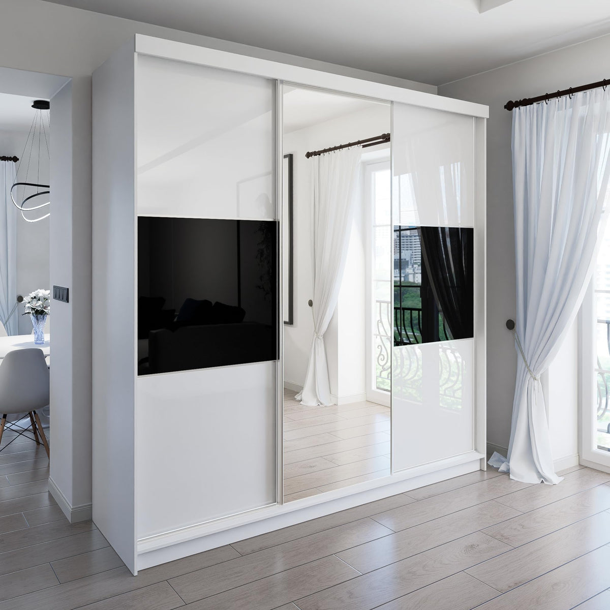 Marlux-Meble Two-Door Wardrobe 230 cm Wide with Floating and Sliding Doors Corner Wardrobe Bedroom Cabinet Hallway Cabinet System Cabinet High Gloss Cabinet