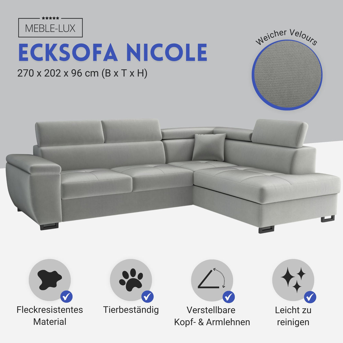 MEBLE-LUX - Ecksofa mit Schlaffunktion und Bettkasten Nicole 270x202x96cm (BxTxH) I Sofa L Form mit Verstellbare Kopfstützen I Eckcouch mit Schlaffunktion I Federkern I Sofa Grau Links