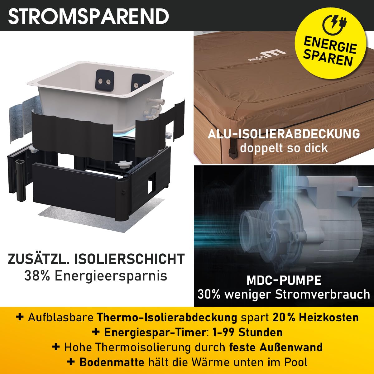 BRAST Whirlpool MSpa Oslo & Oslo Plus XXL mit Fester Außenwand | 160x160x65cm - 180x180x65cm | LED-Beleuchtung 20 Farben | 6 Personen | 120-140 Massagedüsen | Ganzjähriger Einsatz Winterfest
