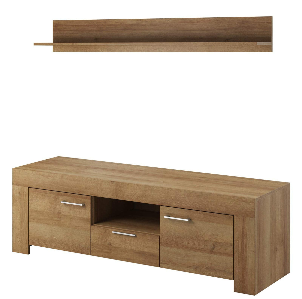 Furniture24 Wohnzimmer Set Wohnwand Sky Tv Schrank Vitrine Hängeregal Kommode Sideboard Couchtisch (Riviera Eiche)