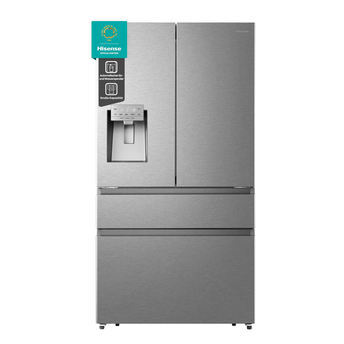 Hisense RF632N4WIE French Door Kühl-Gefrierkombination/ NoFrostPlus/ Inverter-Kompressor/ Wasserspender/ CrispZone/ 200 cm/ Kühlteil 336 l/ Gefrierteil 149 l/ 38 dB/ 295 kWh/ Jahr/ Inox-Look