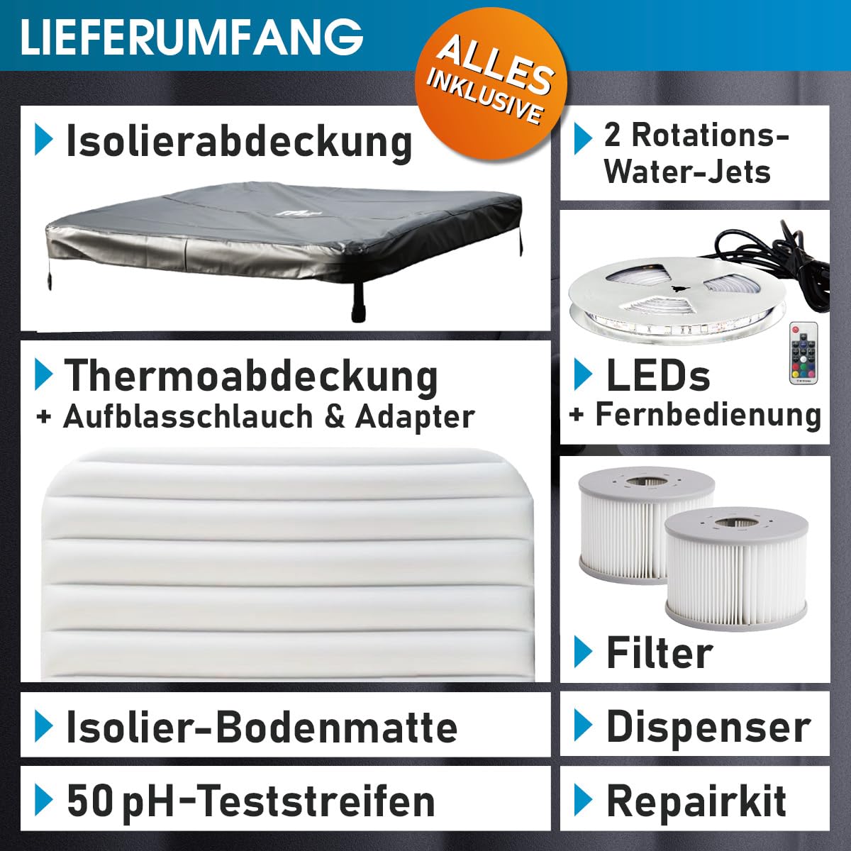 BRAST Whirlpool MSpa Oslo & Oslo Plus XXL mit Fester Außenwand | 160x160x65cm - 180x180x65cm | LED-Beleuchtung 20 Farben | 6 Personen | 120-140 Massagedüsen | Ganzjähriger Einsatz Winterfest