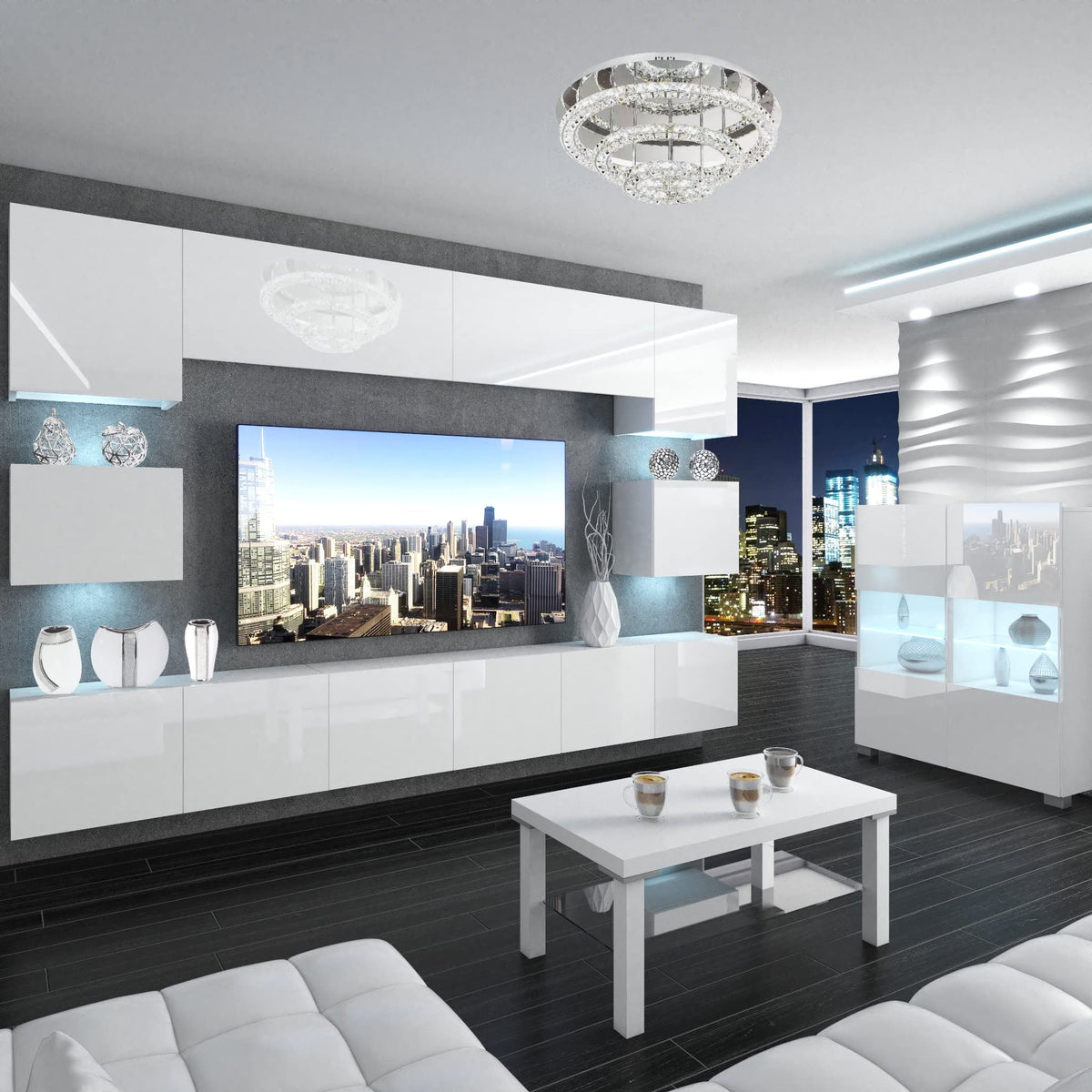 BELINI Living Room Wall Unit Full Equipment Living Room Set Modern Cabinet Wall with LED Lighting TV Cabinet White