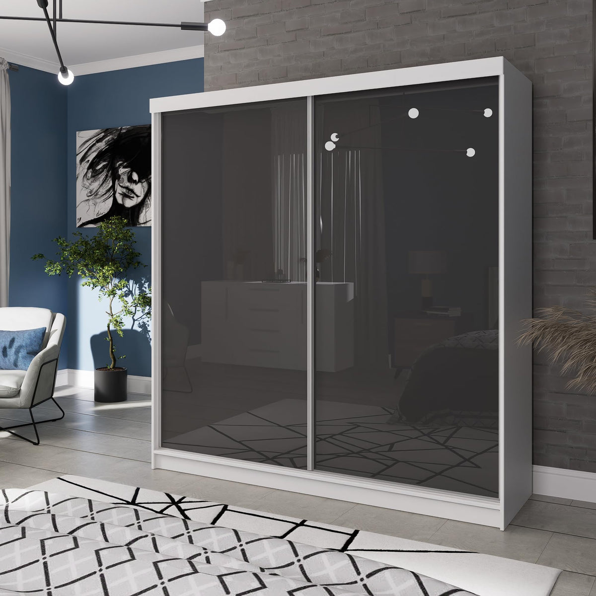 Marlux-Meble Two-Door Wardrobe 230 cm Wide with Floating and Sliding Doors Corner Wardrobe Bedroom Cabinet Hallway Cabinet System Cabinet High Gloss Cabinet