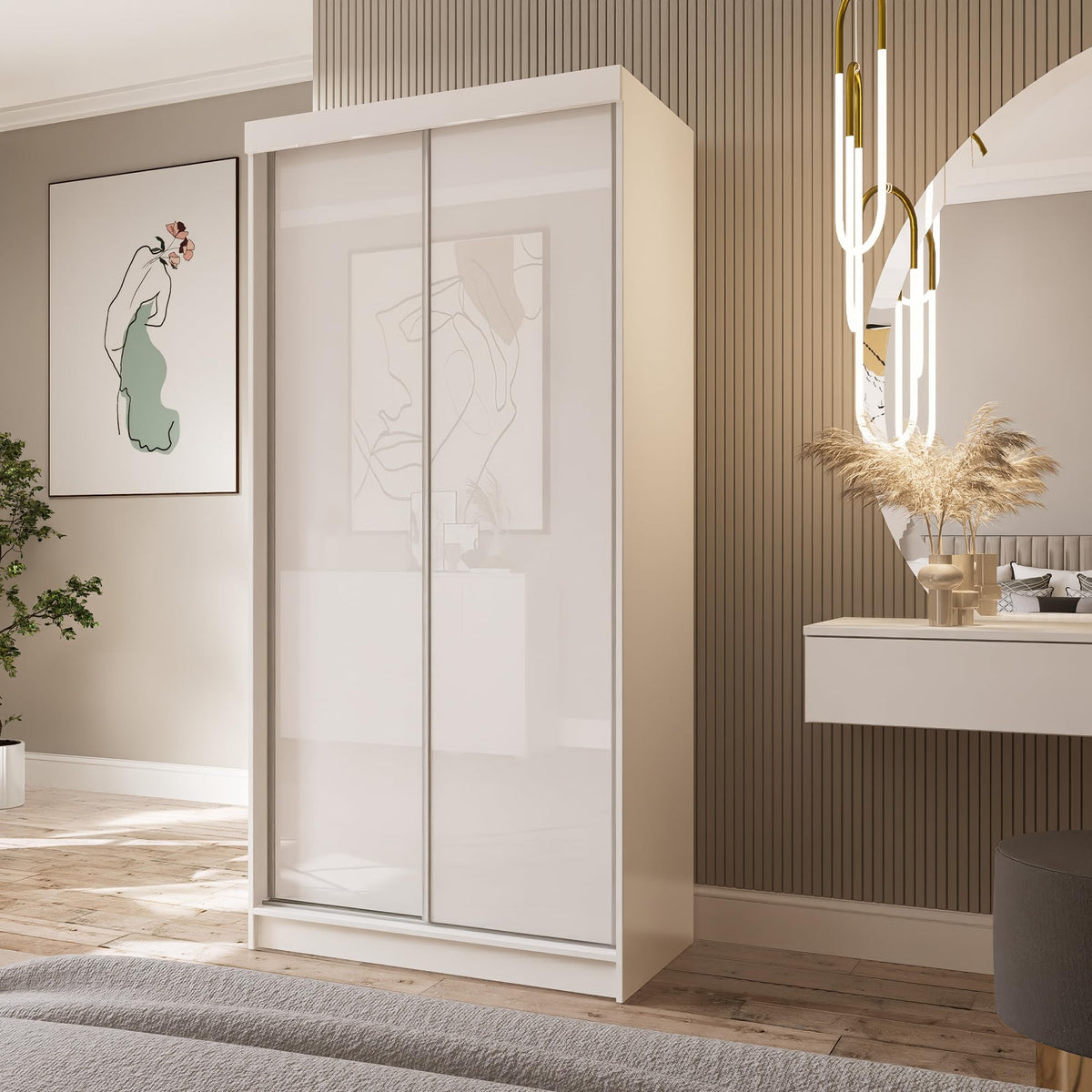 Marlux-Meble Two-Door Wardrobe 230 cm Wide with Floating and Sliding Doors Corner Wardrobe Bedroom Cabinet Hallway Cabinet System Cabinet High Gloss Cabinet