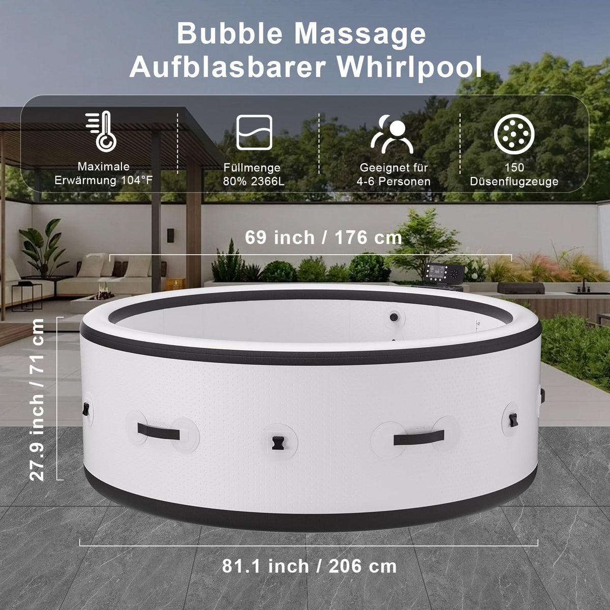 PureSpa Inflatable Bathtub with Bubble Function, Pool Massage Hot Tub, 150 Soothing Air Nozzles, Integrated Quick Filling System, LED Lights, Insulated Cover and Floor Mat, 206 x 71 cm