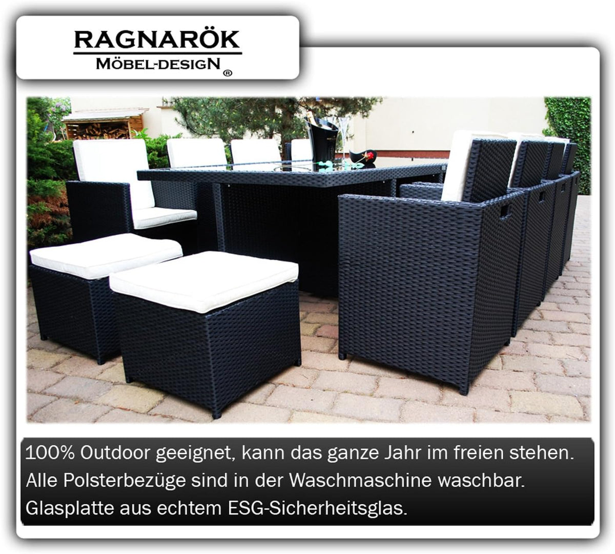 Ragnarök-Möbeldesign Wieland Premium Polyrattan Dining Set – German Manufacturer – Table Chair Stool Black Aluminium