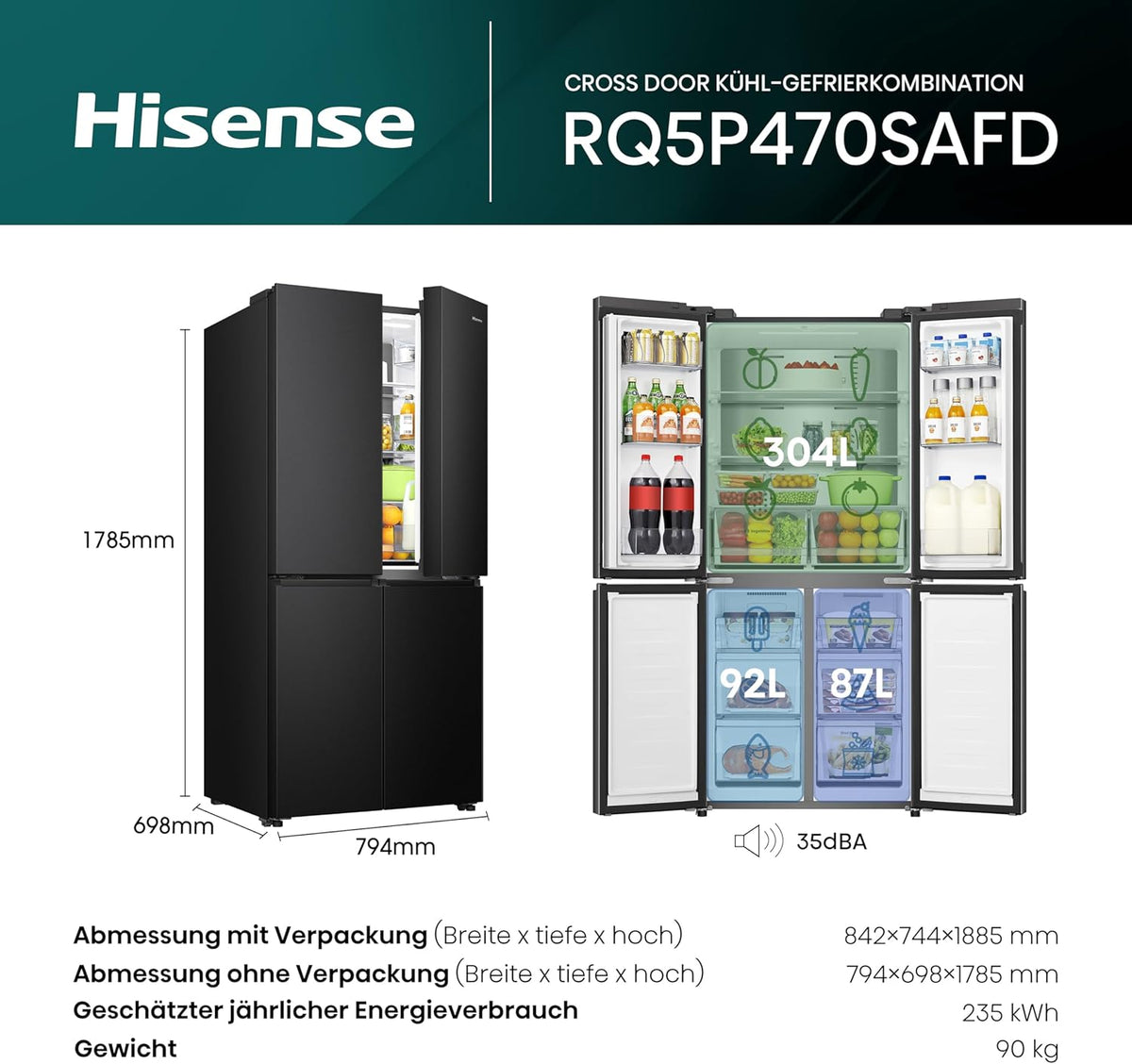 Hisense RQ5P470SAFD Cross-Door Fridge-Freezer, 304 Litre Fridge Compartment, 179 Litre Freezer, Total NoFrost, Wifi, Multi AirFlow, FastFreeze, Energy Efficiency Class D, 178.5 cm x 79.4 cm, Black