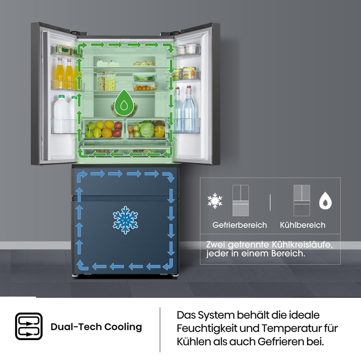 Hisense RF632N4WIE French Door Kühl-Gefrierkombination/ NoFrostPlus/ Inverter-Kompressor/ Wasserspender/ CrispZone/ 200 cm/ Kühlteil 336 l/ Gefrierteil 149 l/ 38 dB/ 295 kWh/ Jahr/ Inox-Look