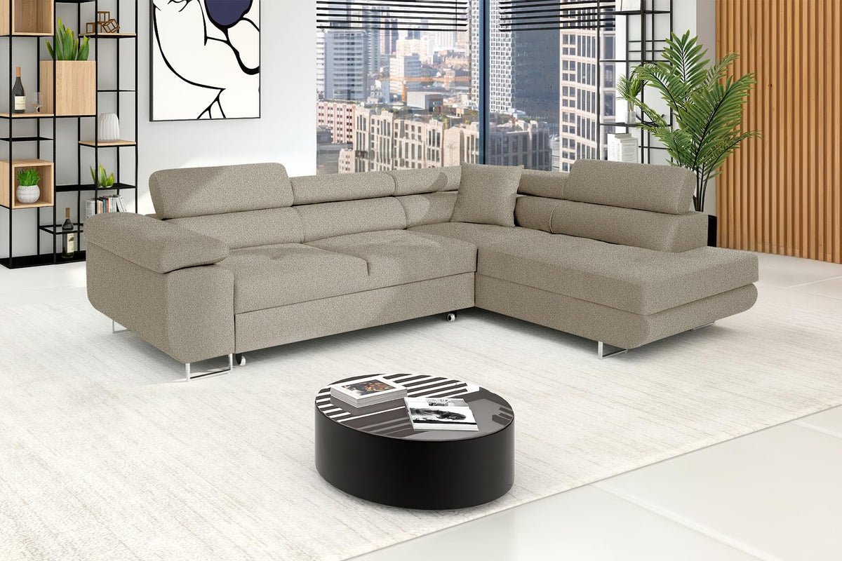 Pasti L-Shaped Corner Sofa with Sleep Function, Sofa Couch with Bed Box, 3-Seater Corner Sofa, Sofa Bed for Living Room, Big Sofa Couch with Sleep Function (Light Grey, Ottoman