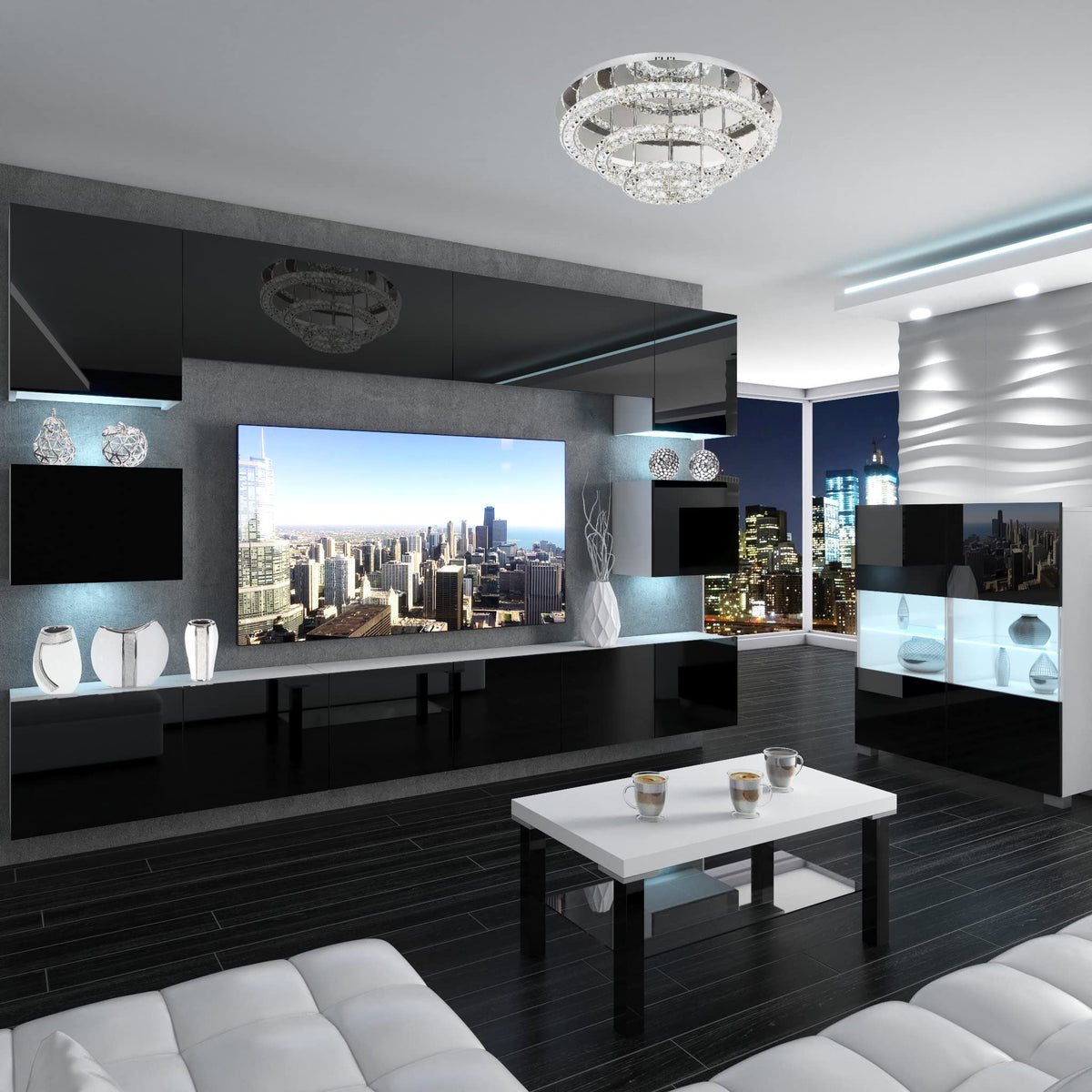 BELINI Living Room Wall Unit Full Equipment Living Room Set Modern Cabinet Wall with LED Lighting TV Cabinet White