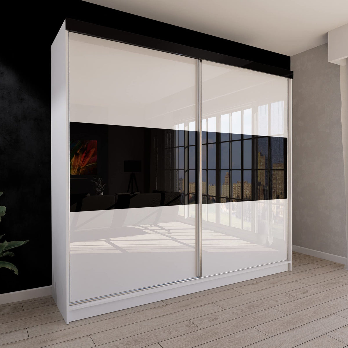 Marlux-Meble Two-Door Wardrobe 230 cm Wide with Floating and Sliding Doors Corner Wardrobe Bedroom Cabinet Hallway Cabinet System Cabinet High Gloss Cabinet