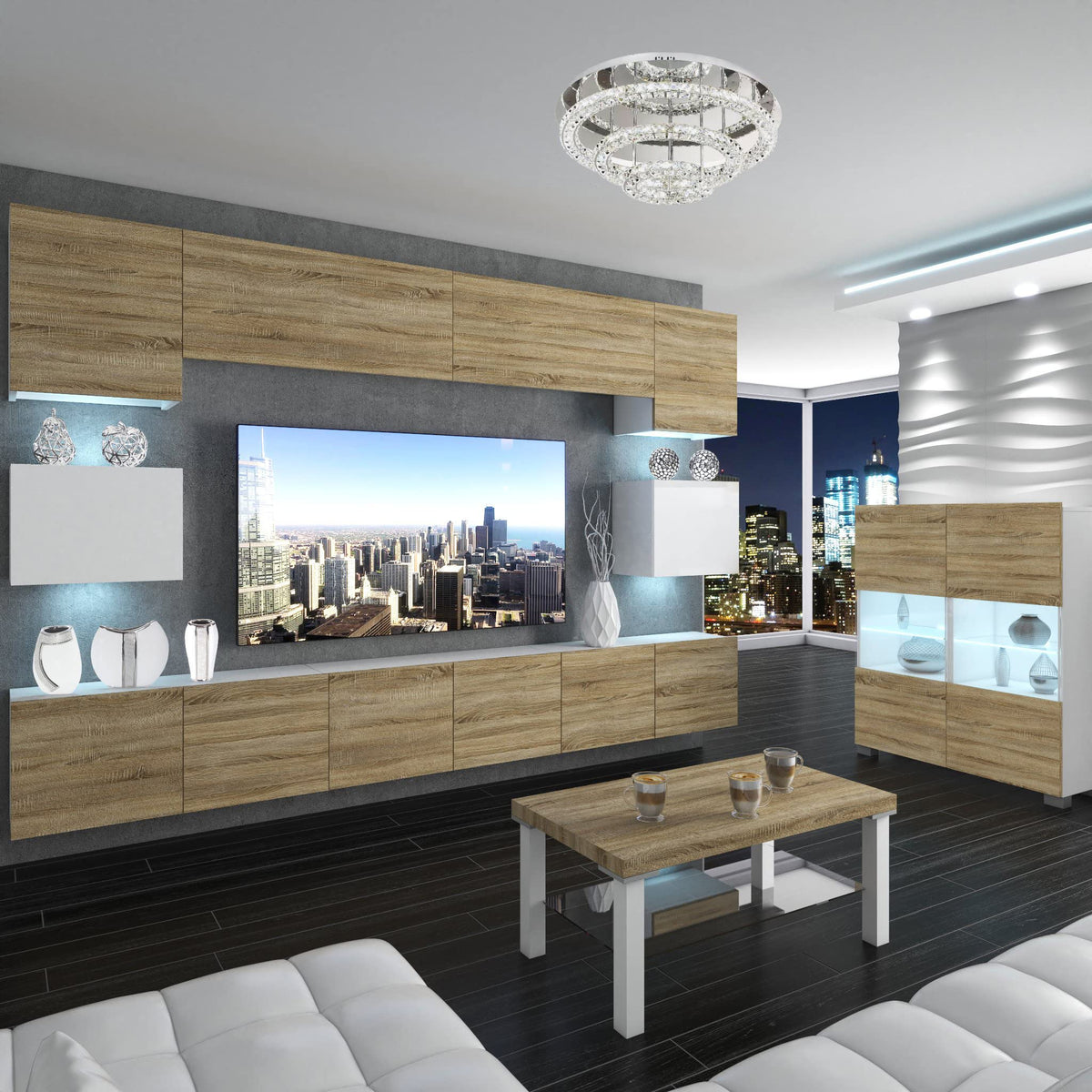 BELINI Living Room Wall Unit Full Equipment Living Room Set Modern Cabinet Wall with LED Lighting TV Cabinet White
