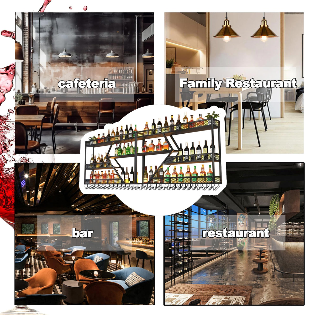 Weinregal aus Metall, großer Weinflaschenhalter aus Wandmontage mit 3 Ebenen, modernes, schwebendes Barregal in Rautenform,für die Dekoration von Restaurants und Bars zu Hause (schwarz, 200cm)