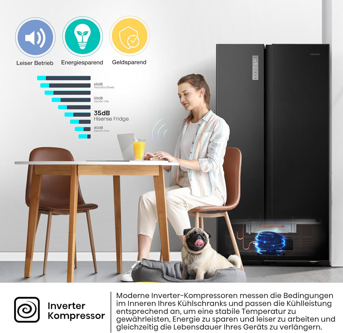 Hisense RS677N4BFD Side by Side Kühl-Gefrierkombination/ Inverter-Kompressor/ Flaschenablage/ 2 FreshZone/Gemüsefach / Kühlteil 334 l/ Gefrierteil 185 l/ 41 dB/ 247 kWh/ Jahr, Schwarz