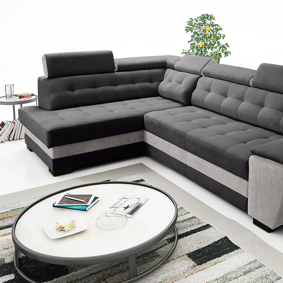 Robin Grand Ecksofa mit Schlaffunktion Bettkasten Kopfstützen Relaxfunktion Silber